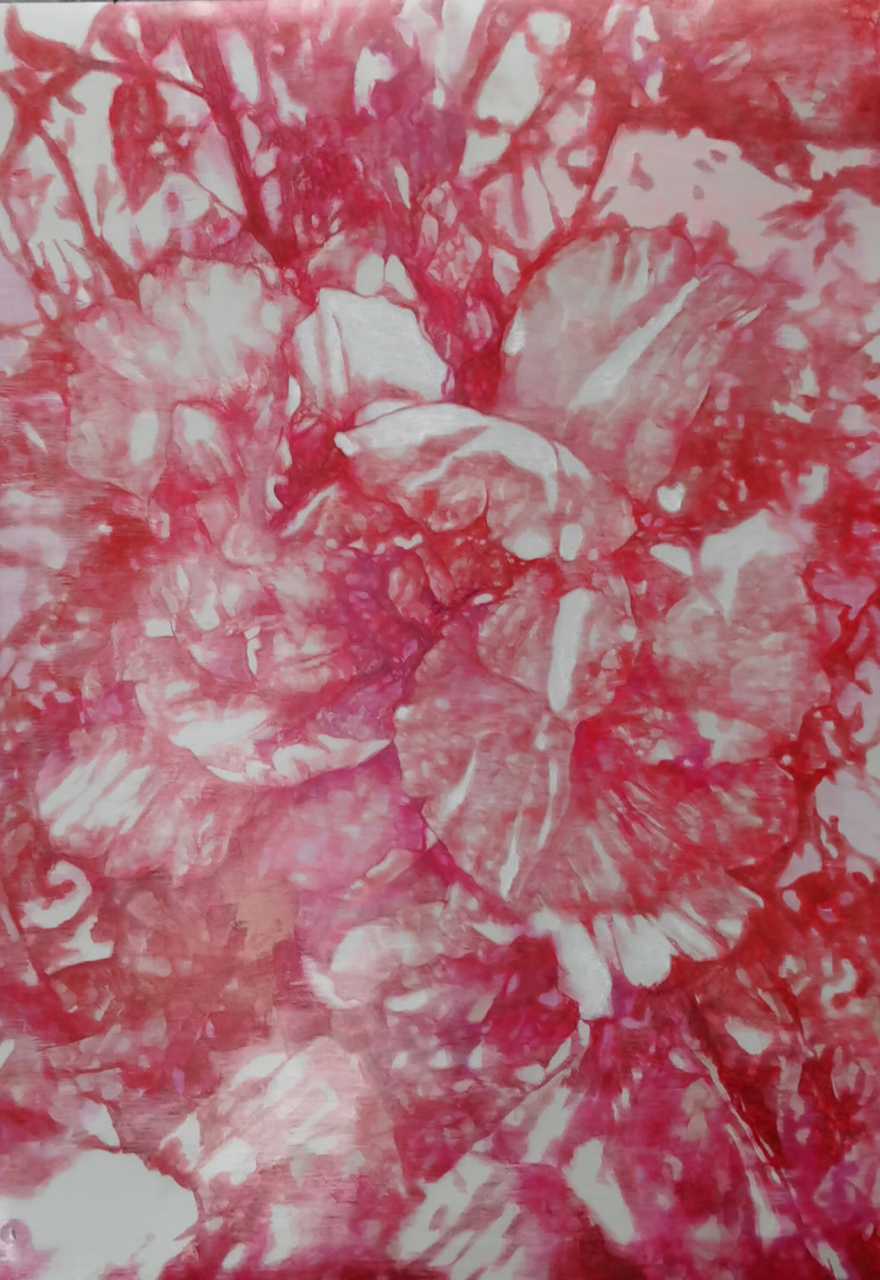 牡丹花下 2023.10，圓珠筆、油彩、鋁板，100.5×73cm，2023年